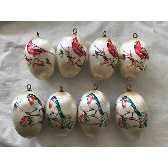 Vtg 8 PYRAMID Satin Sheen CHRISTMAS  ORNAMENTS Egg Shaped BIRDS - Picture 1 of 2